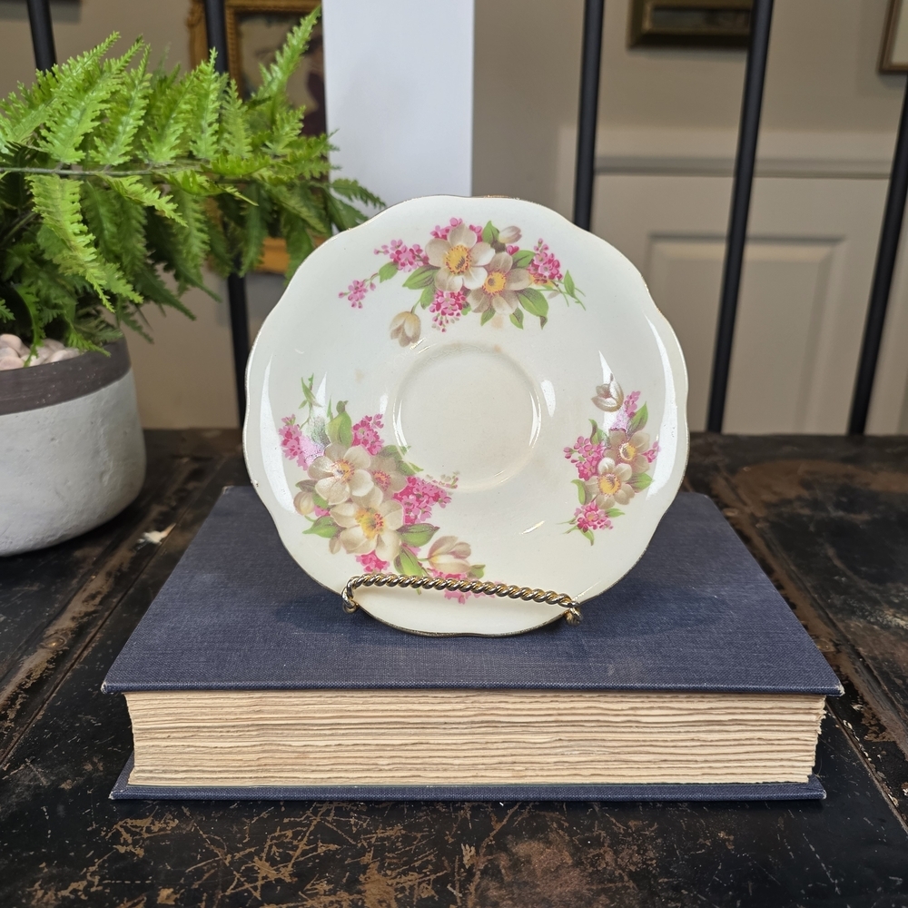 Vintage English Bone China Scalloped Saucer | Pink & Cream Anemone Floral 5.75"